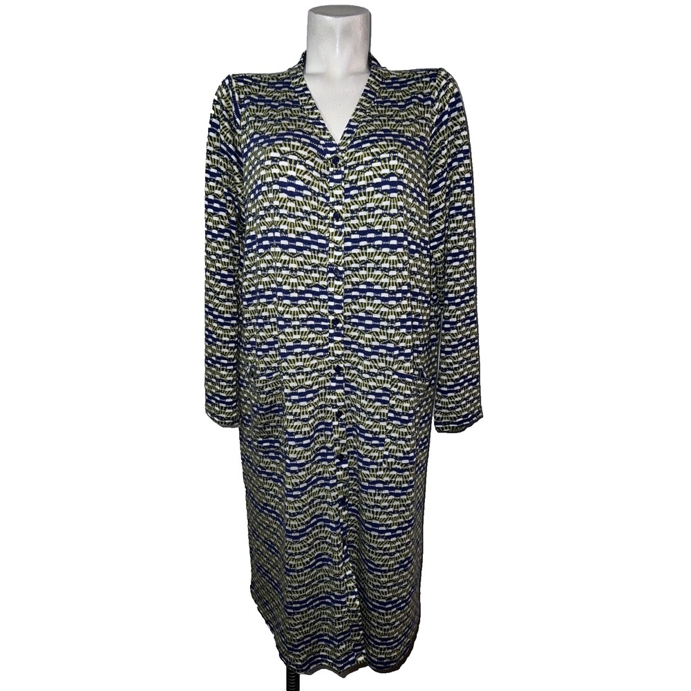 LOGO Lori Goldstein Womens 1X Geometric Knit Duster Cardigan Navy Lime Green